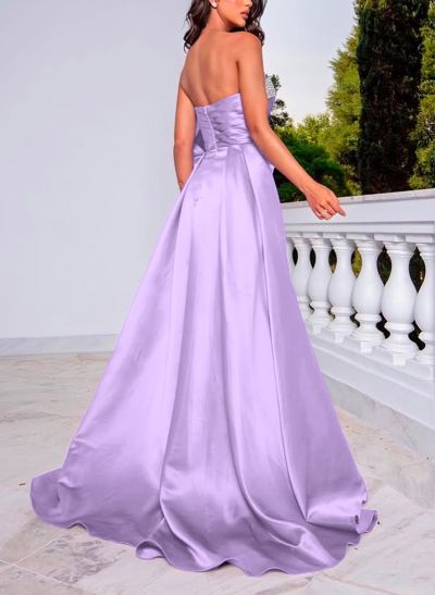 Luxury A-Line Sweetheart Court Train Liquid Satin Evening Dresses With Bow(s)/Rhinestone/High Split