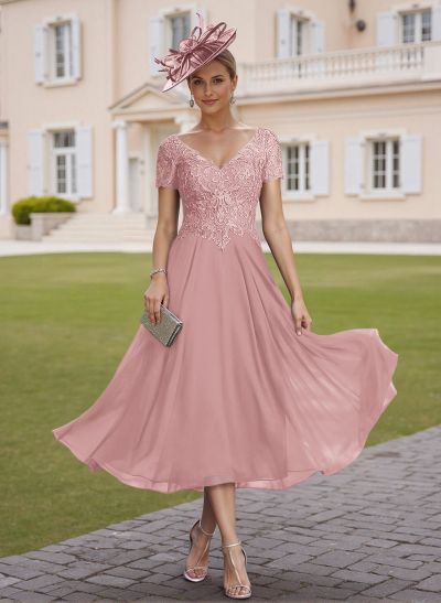 Elegant V-Neck Short Sleeves A-Line Tea-Length Lace/Chiffon Mother Of The Bride Dresses