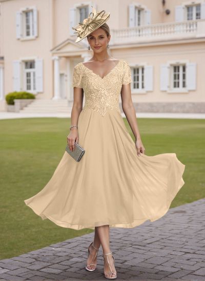 Elegant V-Neck Short Sleeves A-Line Tea-Length Lace/Chiffon Mother Of The Bride Dresses