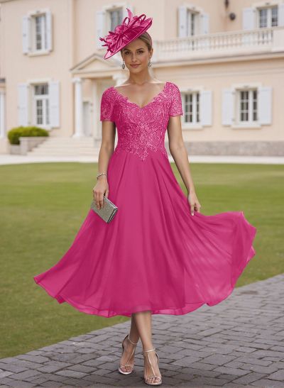 Elegant V-Neck Short Sleeves A-Line Tea-Length Lace/Chiffon Mother Of The Bride Dresses