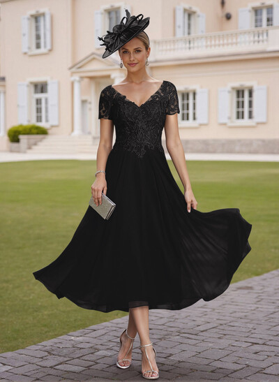 Elegant V-Neck Short Sleeves A-Line Tea-Length Lace/Chiffon Mother Of The Bride Dresses