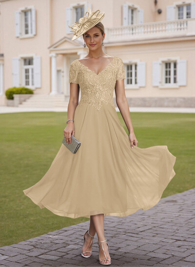 Elegant V-Neck Short Sleeves A-Line Tea-Length Lace/Chiffon Mother Of The Bride Dresses