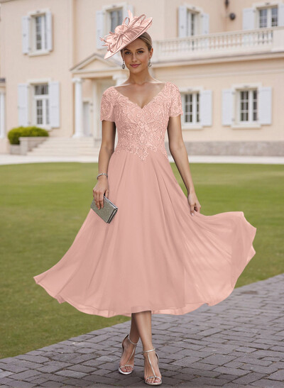Elegant V-Neck Short Sleeves A-Line Tea-Length Lace/Chiffon Mother Of The Bride Dresses