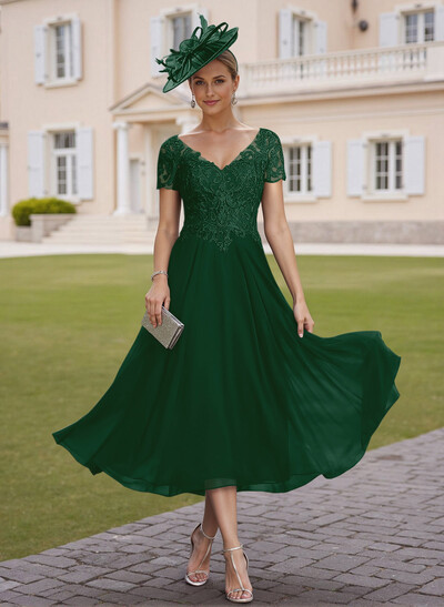 Elegant V-Neck Short Sleeves A-Line Tea-Length Lace/Chiffon Mother Of The Bride Dresses