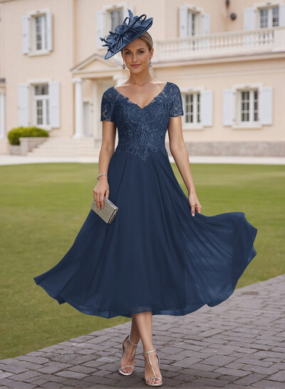 Elegant V-Neck Short Sleeves A-Line Tea-Length Lace/Chiffon Mother Of The Bride Dresses