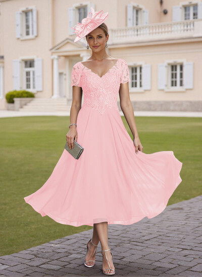 Elegant V-Neck Short Sleeves A-Line Tea-Length Lace/Chiffon Mother Of The Bride Dresses