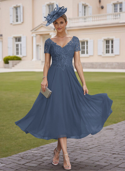 Elegant V-Neck Short Sleeves A-Line Tea-Length Lace/Chiffon Mother Of The Bride Dresses