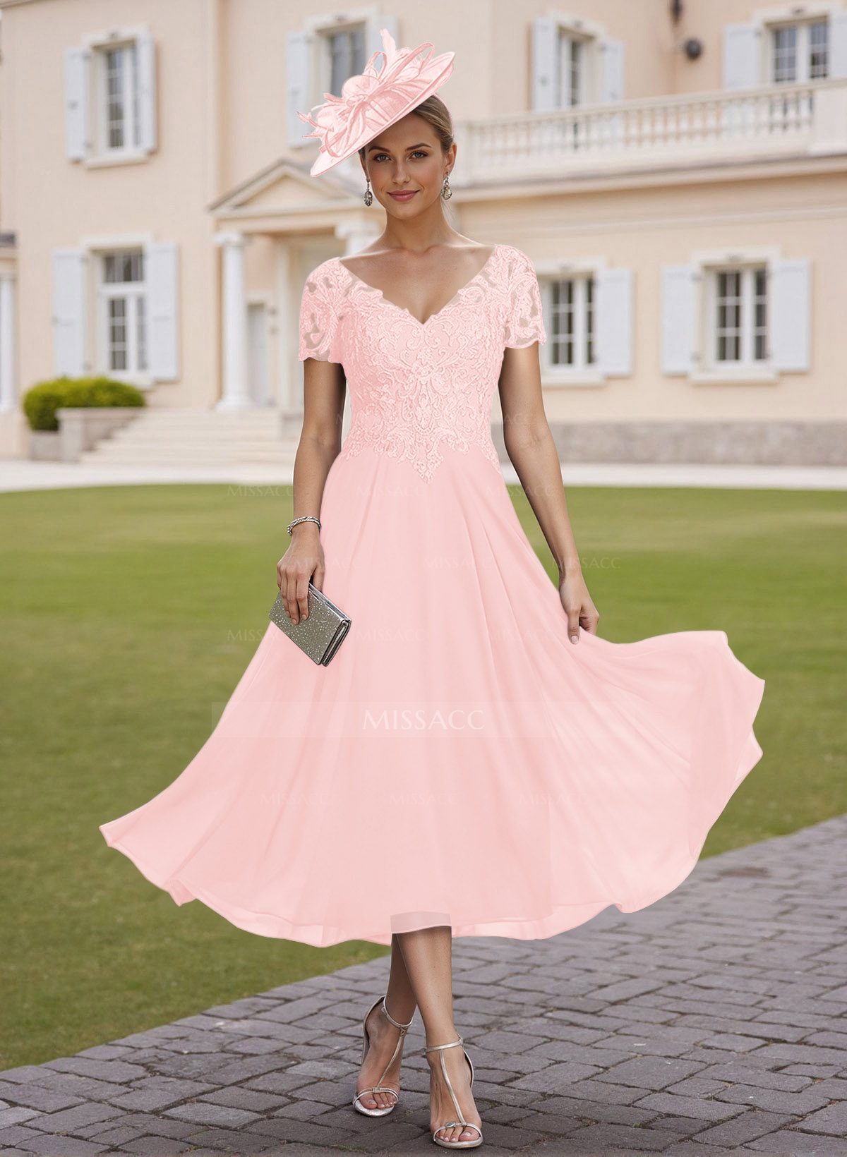 Elegante V-Hals, Korte Ermer A-Linje Te-Lengde Blonder/Chiffon Mor Til  Brudekjoler – Missaac, image size:1200x1640