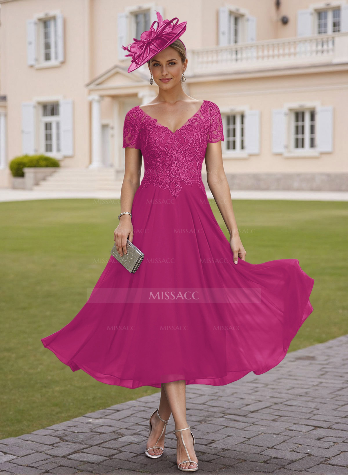 Elegant V-Neck Short Sleeves A-Line Tea-Length Lace/Chiffon Mother Of The  Bride Dresses - Missacc, image size:1200x1640