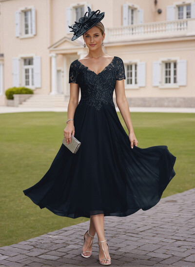 Elegant V-Neck Short Sleeves A-Line Tea-Length Lace/Chiffon Mother Of The Bride Dresses
