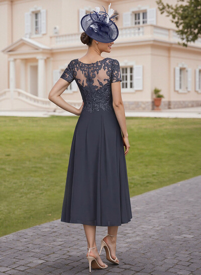 Elegant V-Neck Short Sleeves A-Line Tea-Length Lace/Chiffon Mother Of The Bride Dresses