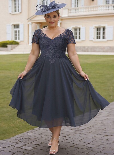 Elegant V-Neck Short Sleeves A-Line Tea-Length Lace/Chiffon Mother Of The Bride Dresses