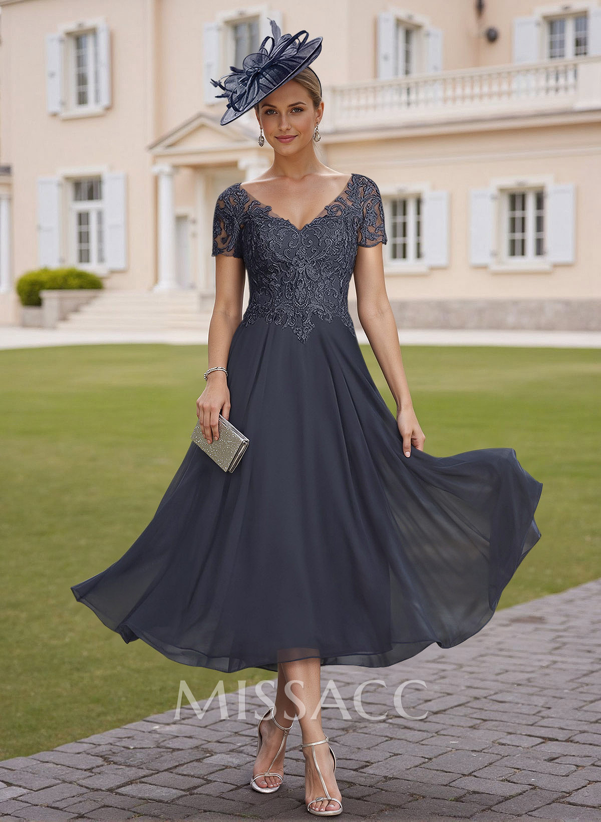 Elegant V-Neck Short Sleeves A-Line Tea-Length Lace/Chiffon Mother Of The Bride Dresses Elegant V-Neck Short Sleeves A-Line Tea-Length Lace/Chiffon Mother Of The Bride Dresses