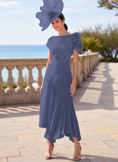 Flower(s) Short Sleeves Pleated A-Line Stretch Chiffon Mother Of The Bride Dresses