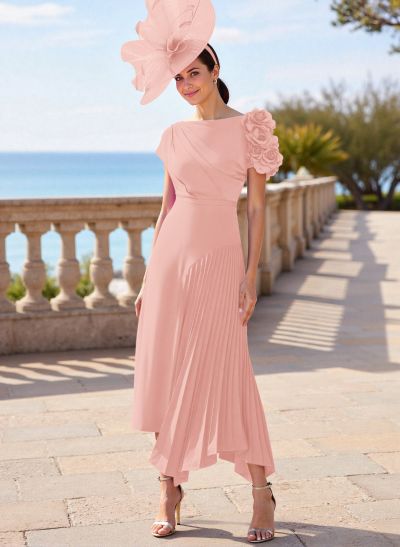 Flower(s) Short Sleeves Pleated A-Line Stretch Chiffon Mother Of The Bride Dresses
