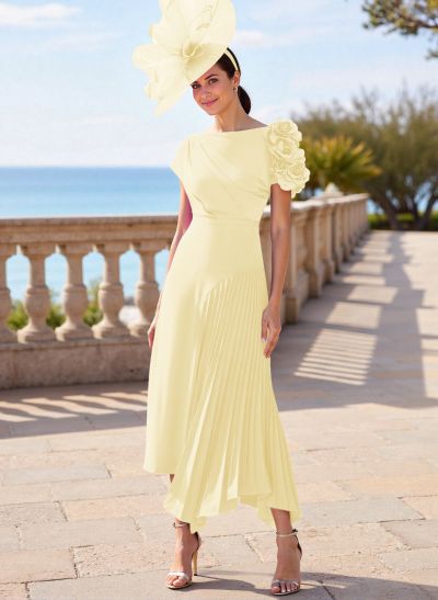 Flower(s) Short Sleeves Pleated A-Line Stretch Chiffon Mother Of The Bride Dresses