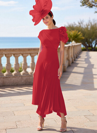 Flower(s) Short Sleeves Pleated A-Line Stretch Chiffon Mother Of The Bride Dresses