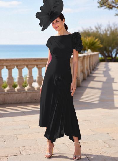 Flower(s) Short Sleeves Pleated A-Line Stretch Chiffon Mother Of The Bride Dresses