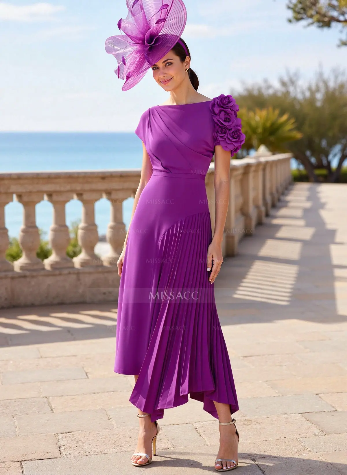 Flower(s) Short Sleeves Pleated A-Line Stretch Chiffon Mother of the Bride Dress