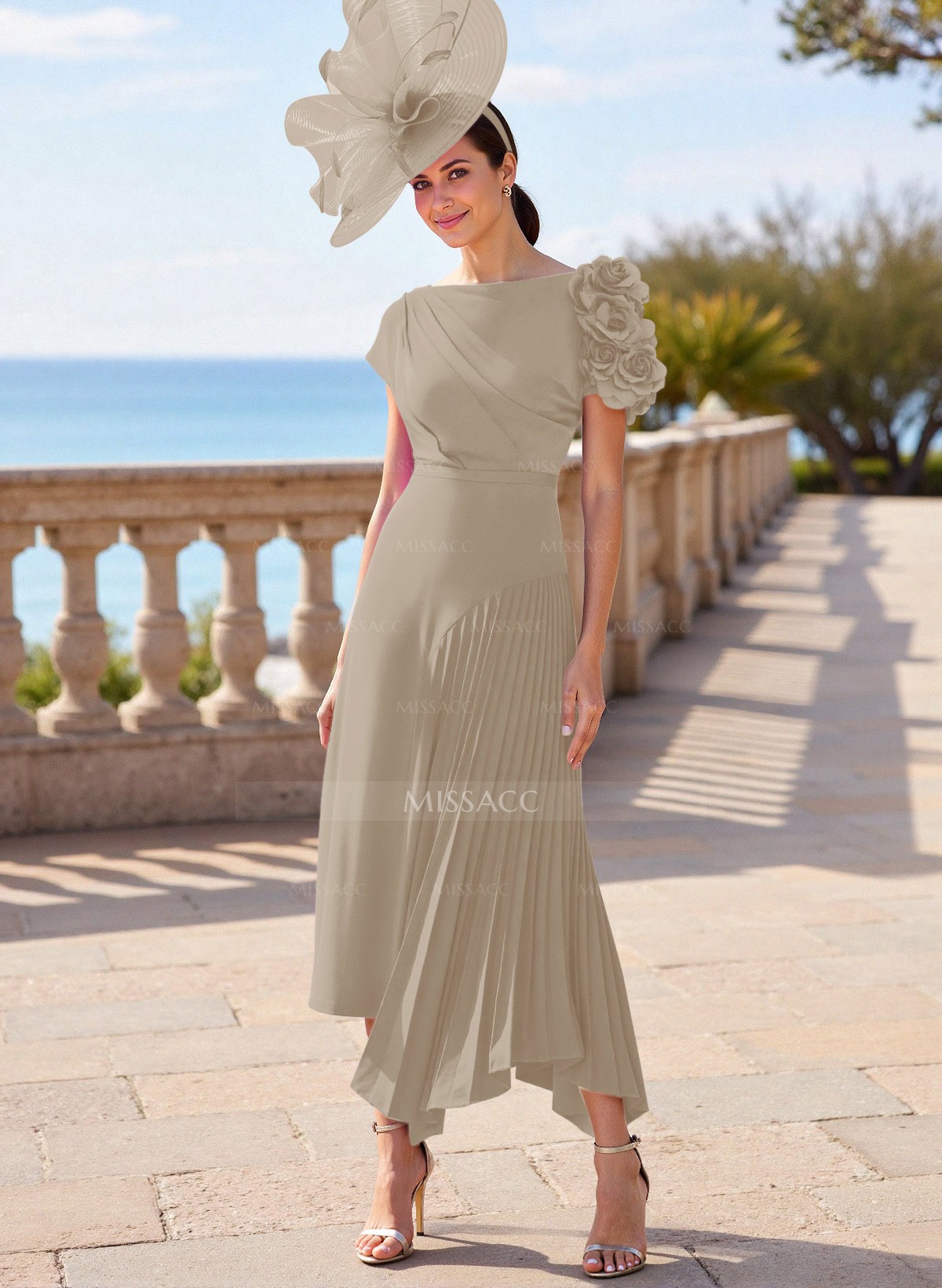 Chiffon Abiti Sposa Plissettati Flower(s) Short Sleeves Pleated A