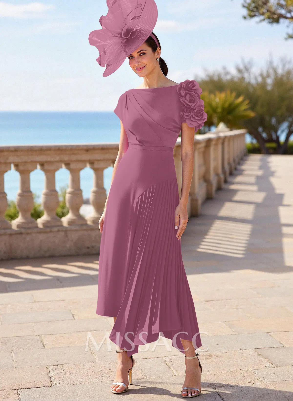 Flower(s) Short Sleeves Pleated A-Line Stretch Chiffon Mother Of