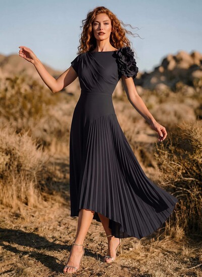 Flower(s) Short Sleeves Pleated A-Line Stretch Chiffon Mother Of The Bride Dresses