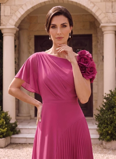 Flower(s) Short Sleeves Pleated A-Line Stretch Chiffon Mother Of The Bride Dresses