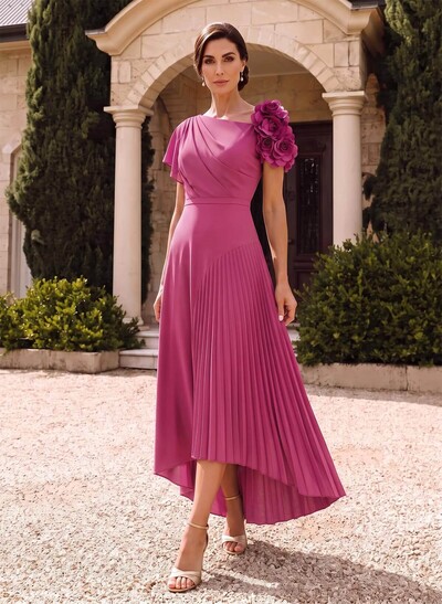 Flower(s) Short Sleeves Pleated A-Line Stretch Chiffon Mother Of The Bride Dresses