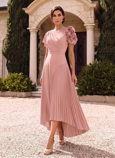 Flower(s) Short Sleeves Pleated A-Line Stretch Chiffon Mother Of The Bride Dresses