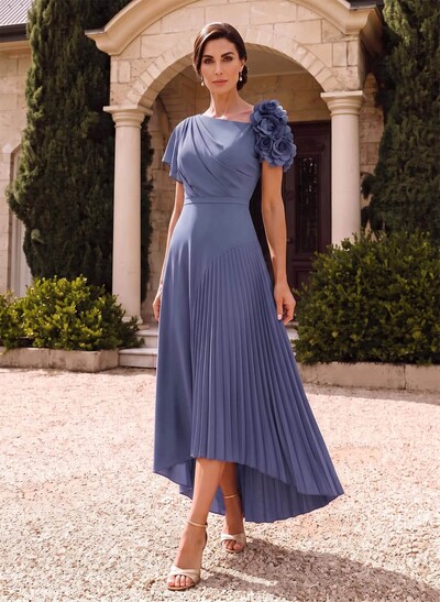 Flower(s) Short Sleeves Pleated A-Line Stretch Chiffon Mother Of The Bride Dresses