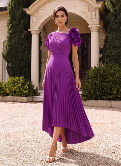 Flower(s) Short Sleeves Pleated A-Line Stretch Chiffon Mother Of The Bride Dresses