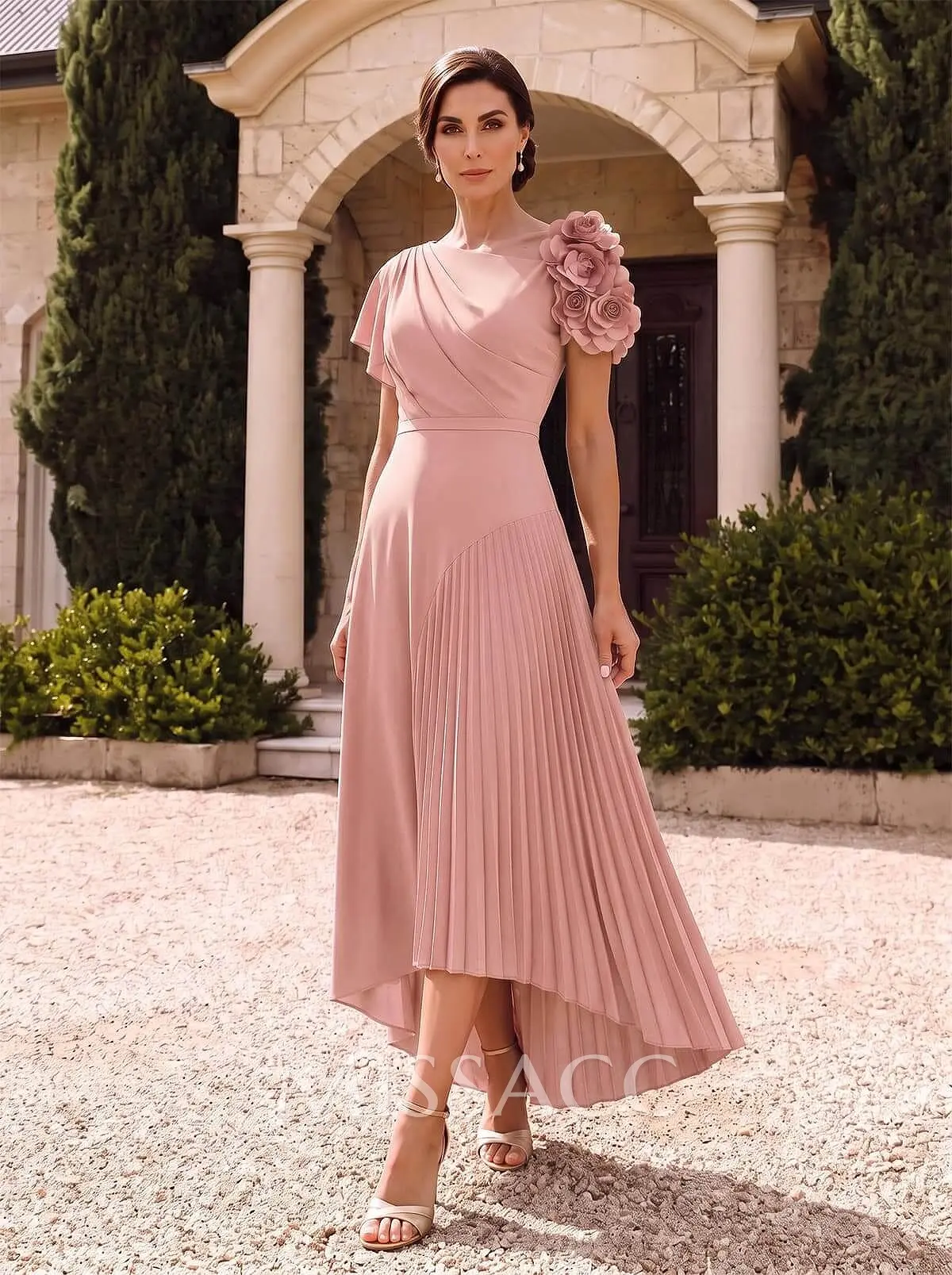 Flower(s) Short Sleeves Pleated A-Line Stretch Chiffon Mother Of