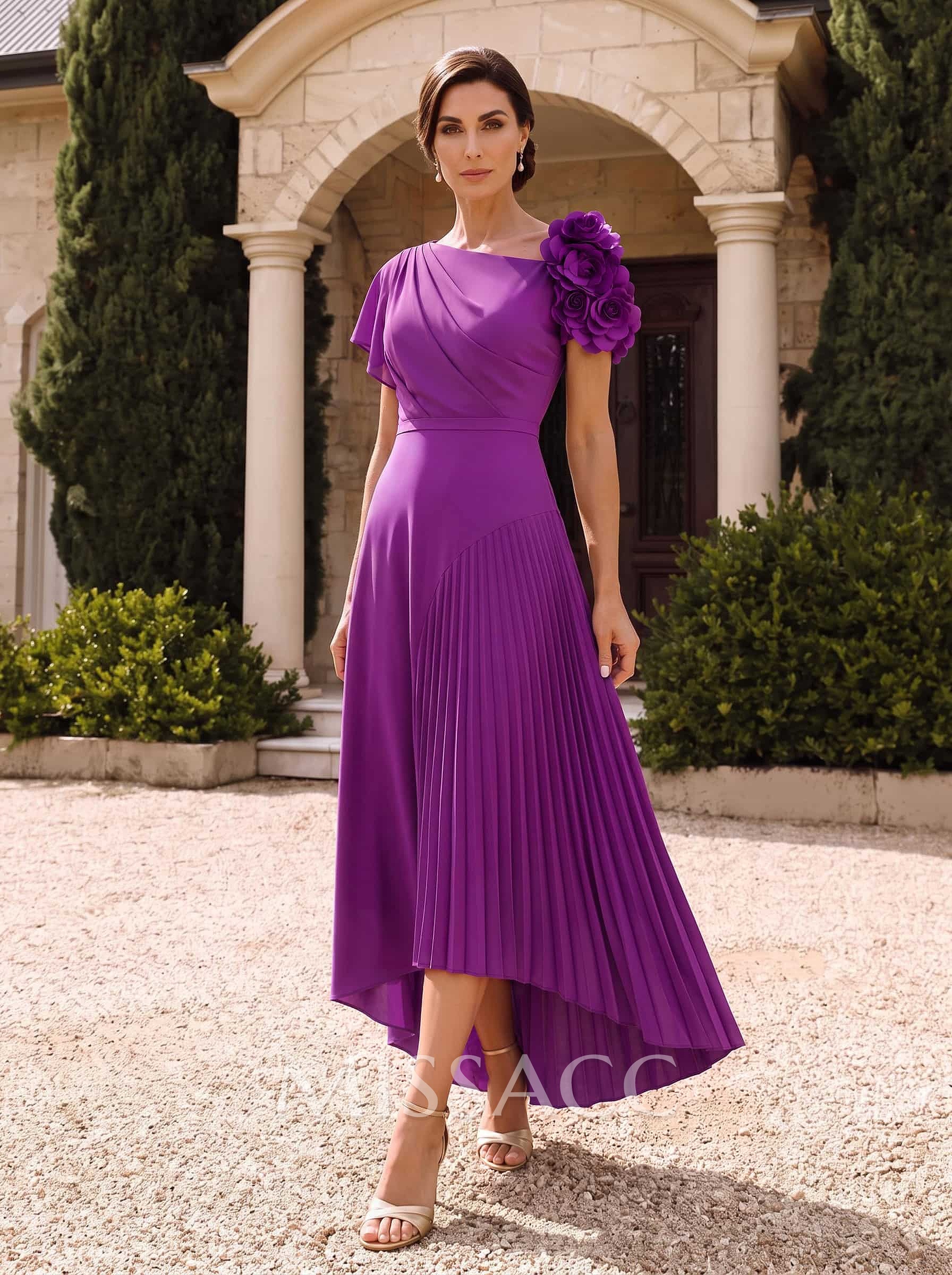 Flower(s) Short Sleeves Pleated A-Line Stretch Chiffon Mother Of The Bride Dresses Flower(s) Short Sleeves Pleated A-Line Stretch Chiffon Mother Of The Bride Dresses
