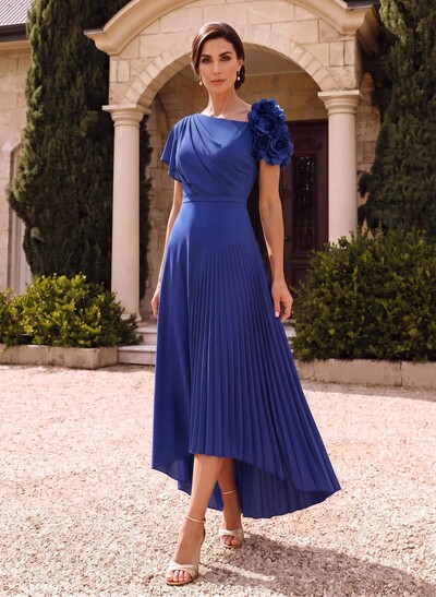 Flower(s) Short Sleeves Pleated A-Line Stretch Chiffon Mother Of The Bride Dresses