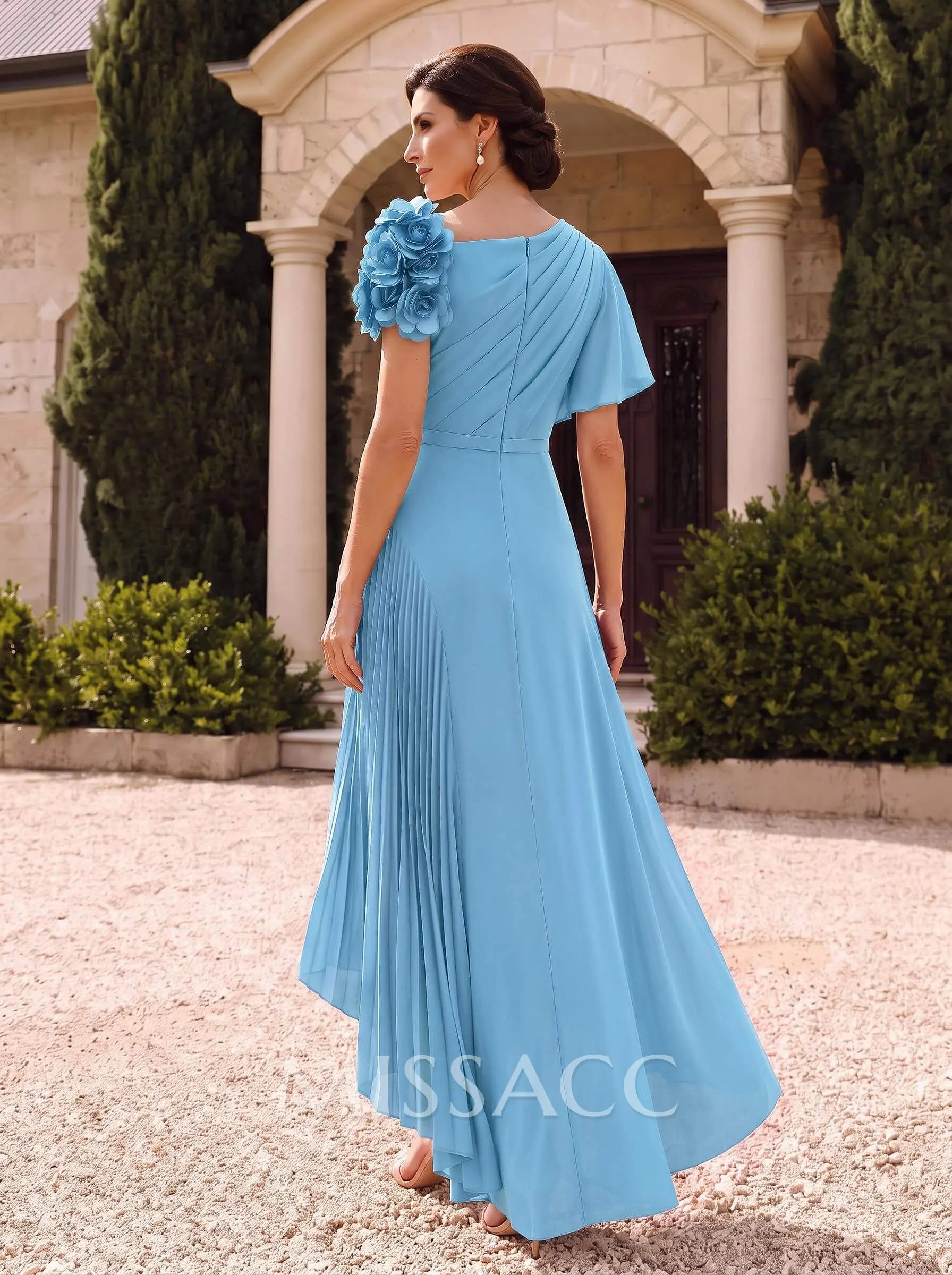 Flower(s) Short Sleeves Pleated A-Line Stretch Chiffon Mother Of