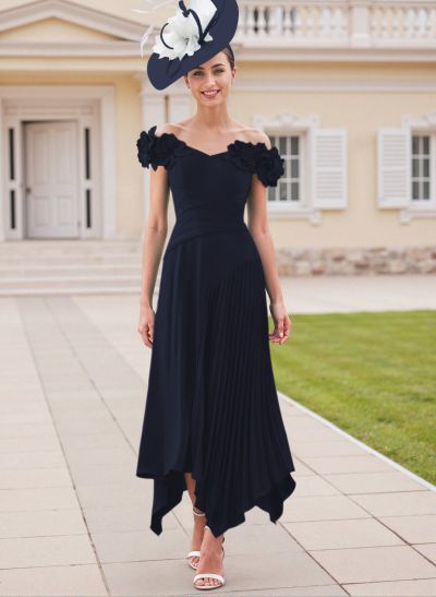 Flower(s) Off-The-Shoulder Asymmetrical Pleated A-Line Stretch Chiffon Mother Of The Bride Dresses