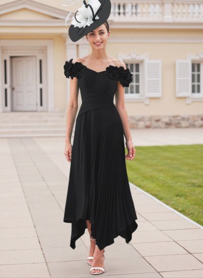Flower(s) Off-The-Shoulder Asymmetrical Pleated A-Line Stretch Chiffon Mother Of The Bride Dresses