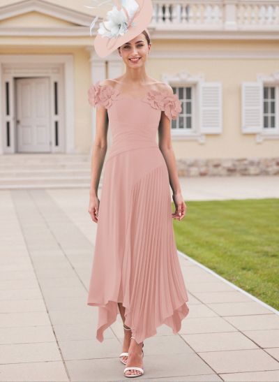 Flower(s) Off-The-Shoulder Asymmetrical Pleated A-Line Stretch Chiffon Mother Of The Bride Dresses
