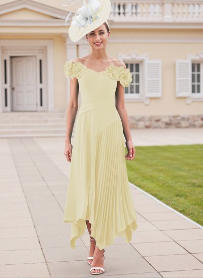 Flower(s) Off-The-Shoulder Asymmetrical Pleated A-Line Stretch Chiffon Mother Of The Bride Dresses
