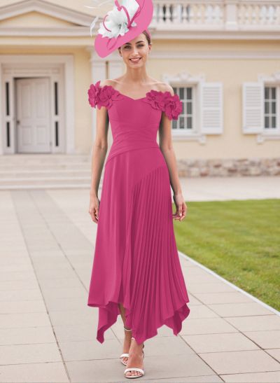 Flower(s) Off-The-Shoulder Asymmetrical Pleated A-Line Stretch Chiffon Mother Of The Bride Dresses