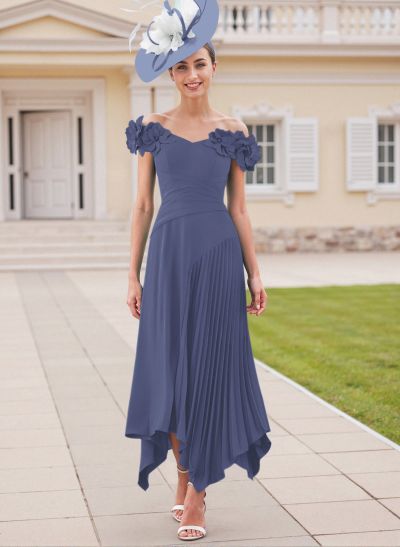 Flower(s) Off-The-Shoulder Asymmetrical Pleated A-Line Stretch Chiffon Mother Of The Bride Dresses