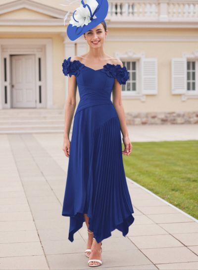 Flower(s) Off-The-Shoulder Asymmetrical Pleated A-Line Stretch Chiffon Mother Of The Bride Dresses