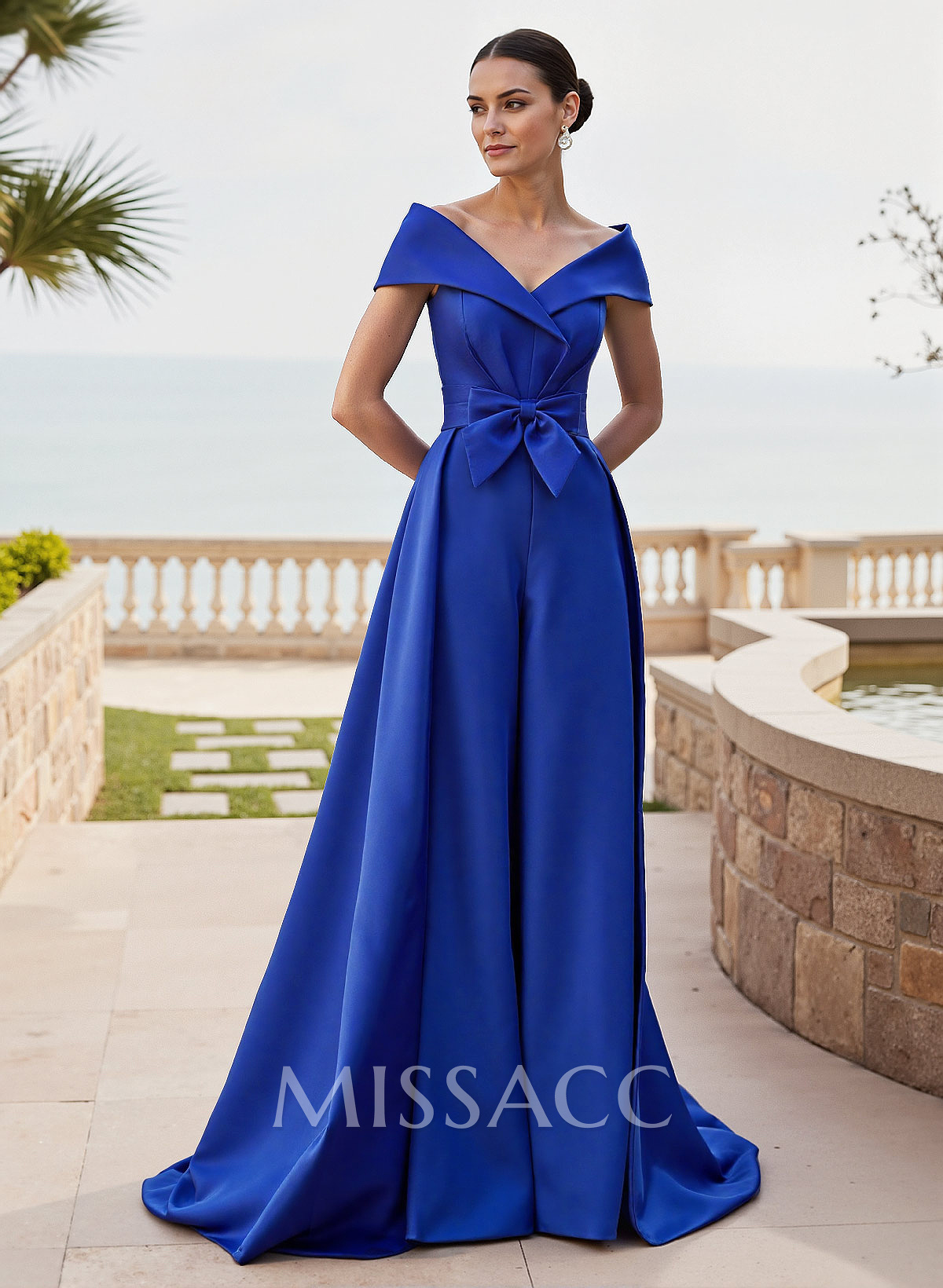 Off-The-Shoulder Bow(s) Sweep Train Matte Satin Mother Of The Bride Jumpsuit/Pantsuit