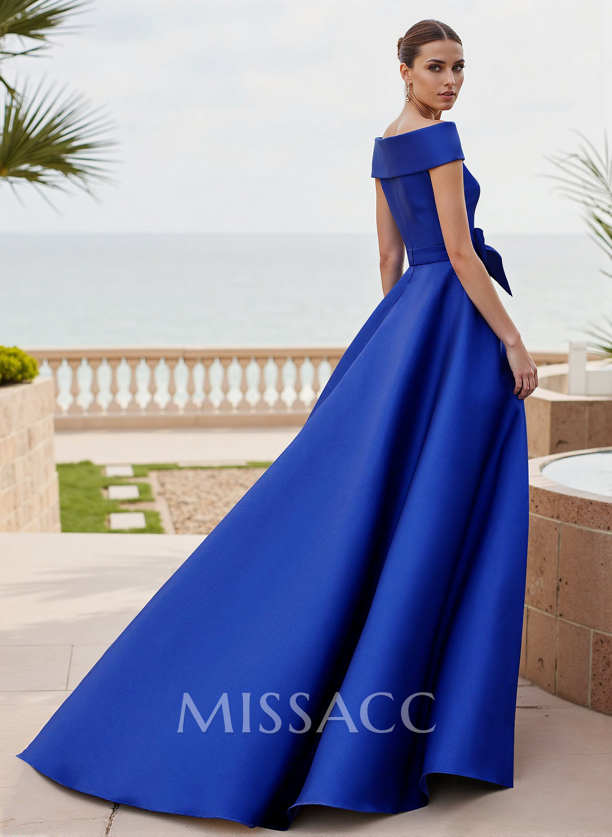 Off-The-Shoulder Bow(s) Sweep Train Matte Satin Mother Of The Bride Jumpsuit/Pantsuit
