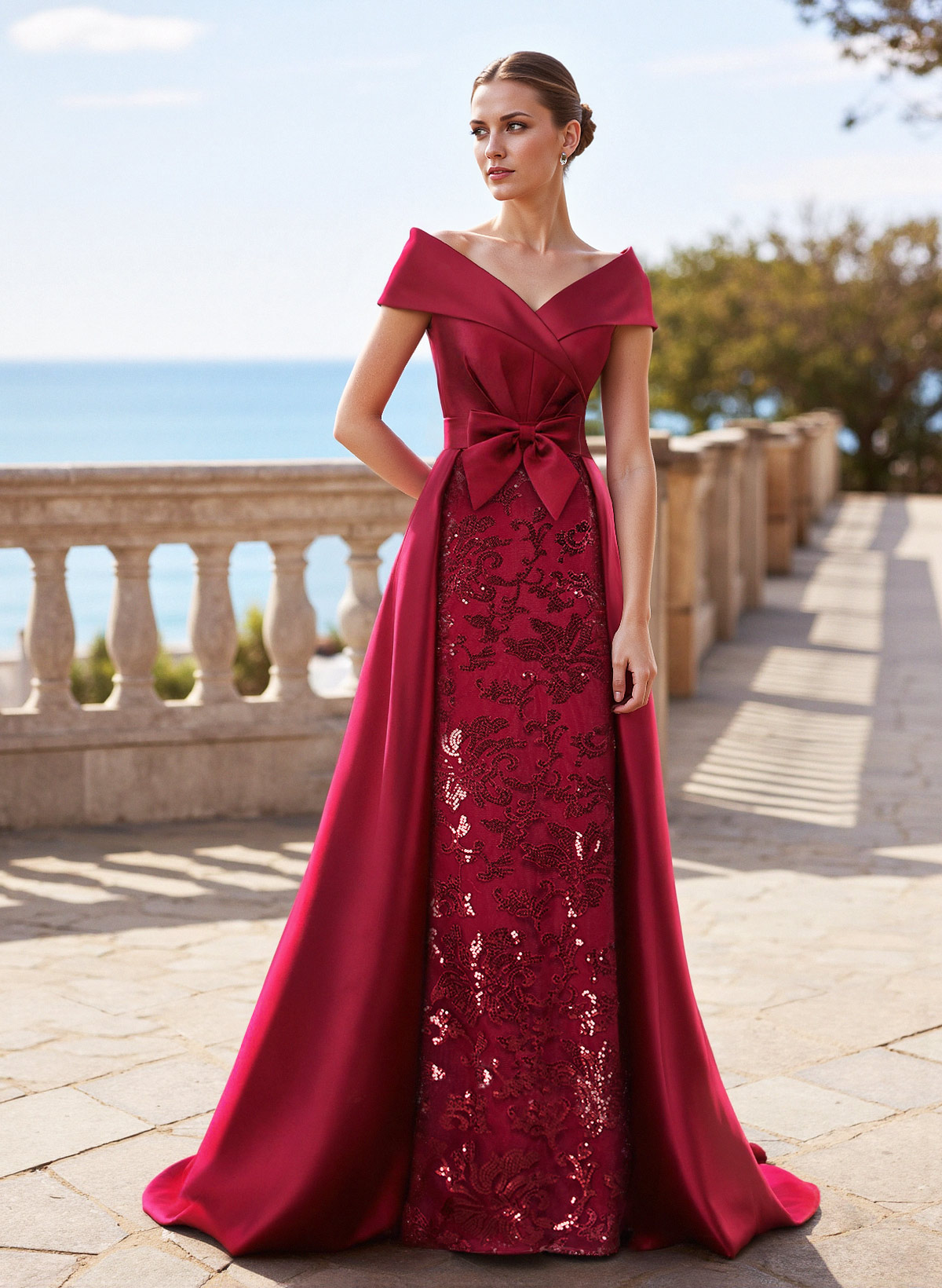 Elegant Off-The-Shoulder Overskirt Sweep Train Satin Mother Of The Bride Dresses With Lace