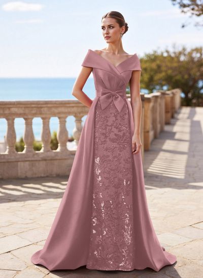 Elegant Off-The-Shoulder Overskirt Sweep Train Satin Mother Of The Bride Dresses With Lace