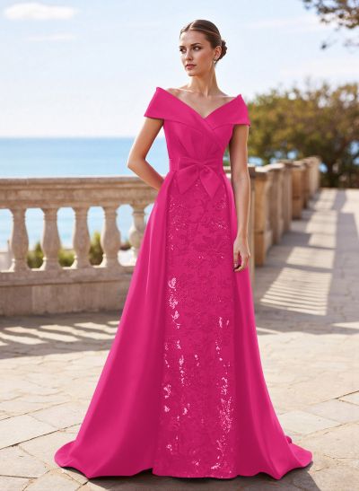Elegant Off-The-Shoulder Overskirt Sweep Train Satin Mother Of The Bride Dresses With Lace