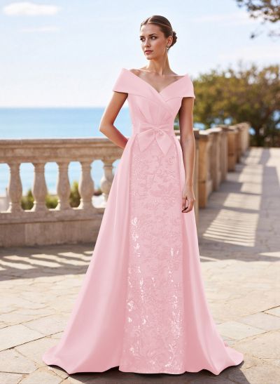 Elegant Off-The-Shoulder Overskirt Sweep Train Satin Mother Of The Bride Dresses With Lace