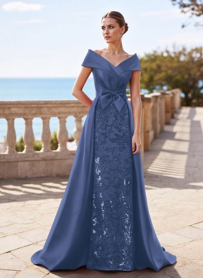 Elegant Off-The-Shoulder Overskirt Sweep Train Satin Mother Of The Bride Dresses With Lace