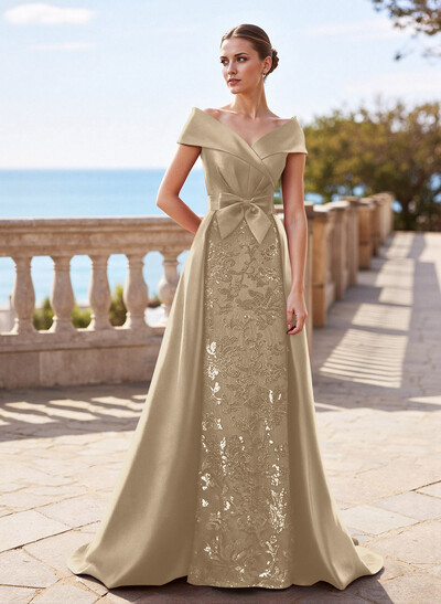 Elegant Off-The-Shoulder Overskirt Sweep Train Satin Mother Of The Bride Dresses With Lace